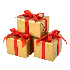 Golden gift boxes with red ribbons stacked, isolated on transparent background