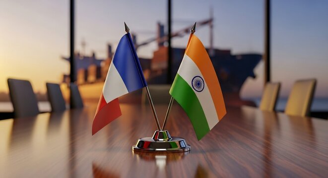 France India Mini Flags with Cargo Ships at Port Trade Concept