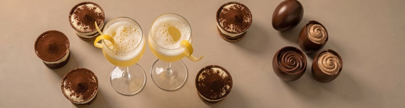 Elegant easter dessert and cocktail pairing with chocolate eggs and tiramisu cups for holiday brunch menu card poster and background design