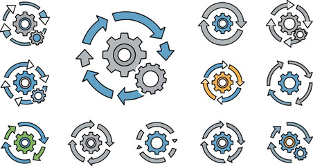 Various gear icons with arrows indicating workflow and process in different configurations and colors