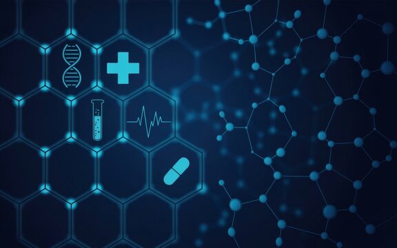 Futuristic medical technology background with glowing cyan hexagonal grid and molecular science icons on dark blue