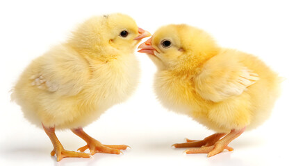 Fototapeta premium Two cute yellow baby chicks facing each other on white background 