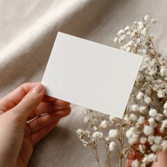Obraz premium Delicate hands holding a blank card with tiny white flowers & fabric