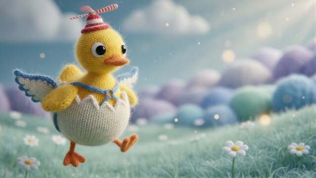 Knitted yellow chick with propeller hat in eggshell walking on grass. Cute handmade toy for Easter holiday greeting card.