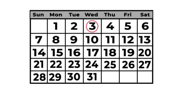 3rd marked with a red cursor on the wall calendar animation with white background.