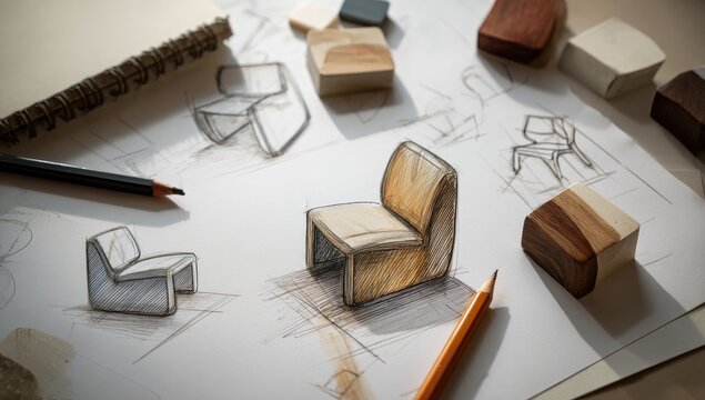 Design process depicted with sketches, wood samples, and a chair rendering