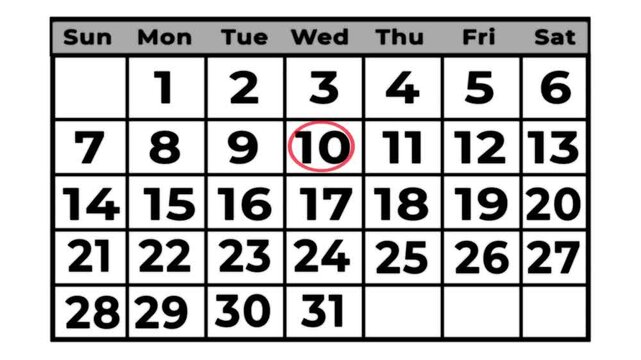 10th marked with a red cursor on the wall calendar animation with white background.
