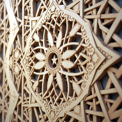 Detailed macro shot of Islamic geometric pattern carved into wood  