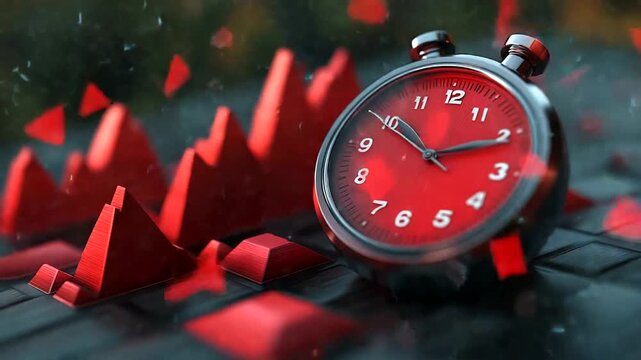 Close-up of a red clock beside red pyramid shapes on a textured surface