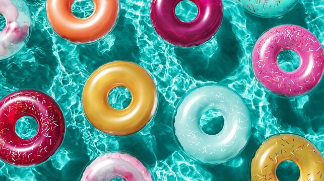 A vibrant collection of colorful pool floats floating on the surface of a clear blue swimming pool on a sunny day