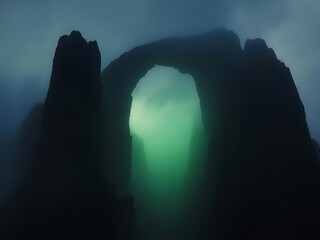 Misty Mountain Archway Gateway with Ethereal Green Light - Dramatic Landscape