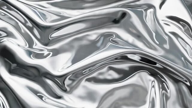 Abstract silver liquid metal ripples with smooth, reflective, flowing curves and highlights