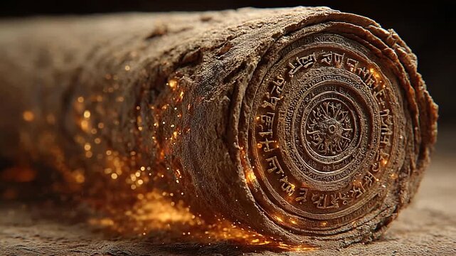 Ancient scroll partially unrolled, revealing intricate designs with glowing elements