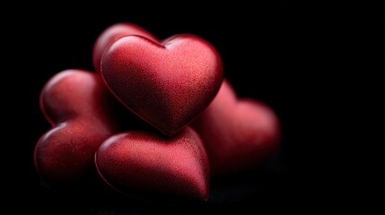 Obraz premium A collection of polished red hearts stacked against a dark background, perfect for themes of love, romance, or affection in promotional materials, greeting cards, and decorations,