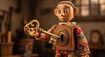 Obraz premium Pinocchio puppet unlocking a golden heart shaped key