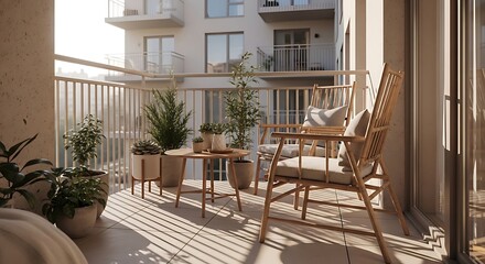 Modern balcony setup with chairs, table, and potted plants, overlooking apartments