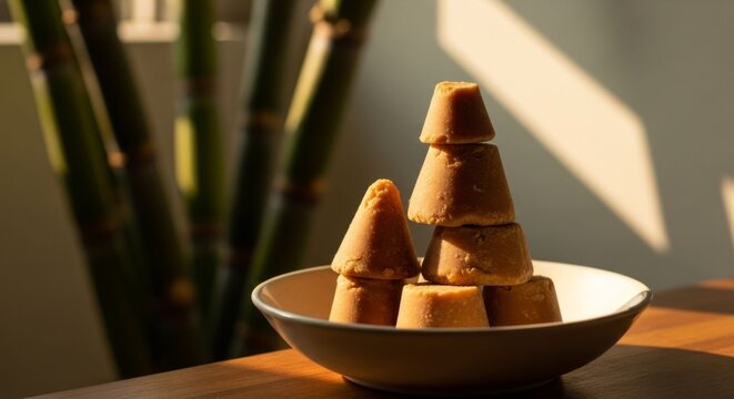 Unrefined brown sugar cones stacked in a bowl with sugar cane stalks in background