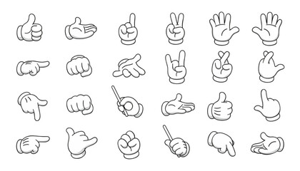 Cartoon White Glove Hand Gestures Set Vector Illustration. Pointing, thumbs up, thumbs down, peace sign, OK sign, rock sign, counting, and expressive poses.