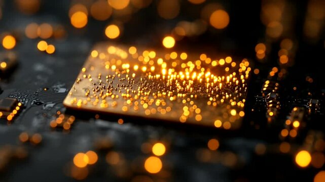 Close-up of a glowing microchip with vibrant circuitry details