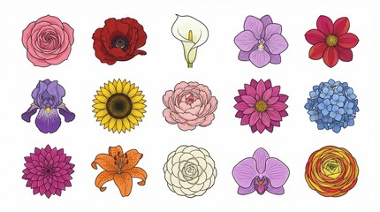 "Grid of colorful illustrated flowers in rows"