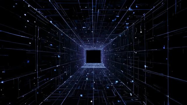 Dark digital tunnel with glowing blue lines and nodes
