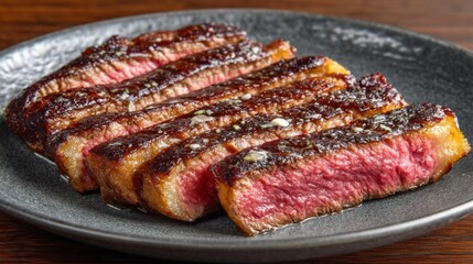 Juicy Grilled Steak on Black Plate with Perfectly Cooked Medium Pink Center and Crispy Outer Layer, Ideal for Food Photography and Culinary Arts