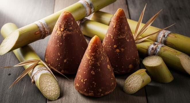 Organic Piloncillo Cones and Sugarcane Stalks on Rustic Wooden Background
