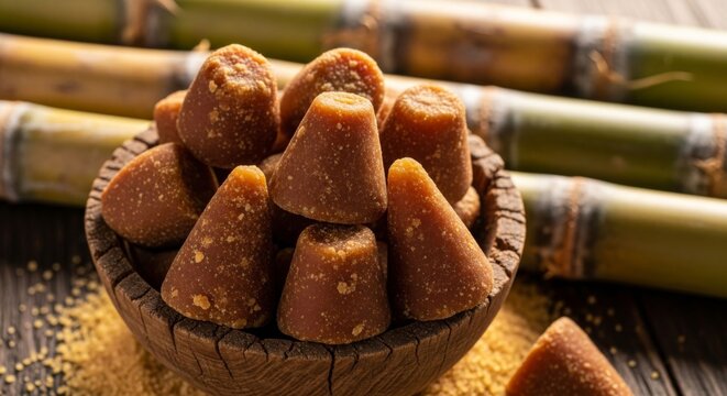 Organic Piloncillo Sugar Cones in Wooden Bowl with Sugarcane Stalks