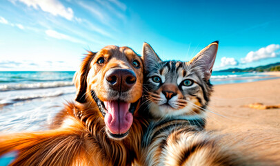 Cheerful and happy dog and cat, best friends, taking selfie on the beach