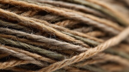 Fototapeta premium Close up of ball of brown and green yarn showing texture and fibers