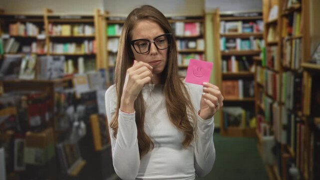 Woman touching temple while holding pink sticky note with smile drawing in library; stress uncertainty.
