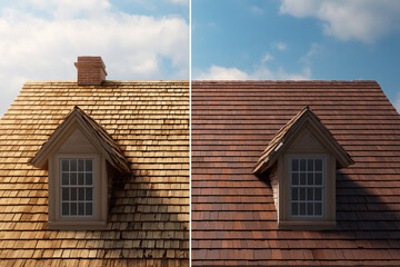 Obraz premium Before and after comparison of house roof shingles, left side weathered