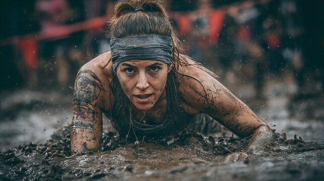 A determined woman crawling through mud at an obstacle course event with a focused expression