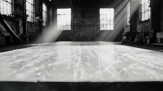 Grungy industrial interior with sunbeams illuminating a textured tabletop
