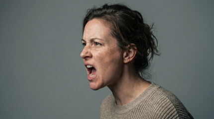 Fototapeta premium Profile of a Woman Expressing Anger and Frustration: A Moment of Intense Emotion on a Plain Grey Background
