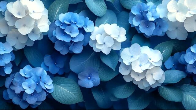 Beautiful Blue and White Hydrangea Flowers with Leaves