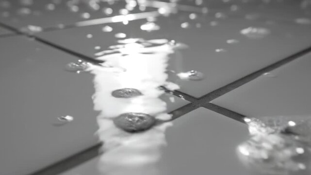 Wet tile floor water spill reflection droplet splash shiny surface bathroom leak reflective puddle closeup cleaning hygiene emergency cleanup hazard household accident safety concept