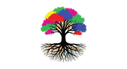 A colorful tree with dark branches and roots against a white background
