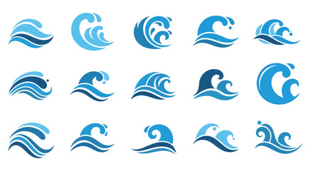 Collection of stylized blue wave designs in various shapes and forms