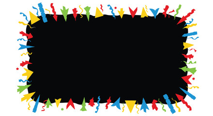 Colorful confetti framing a black rectangle on a white background