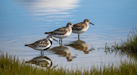 Obraz premium Three shorebirds wading in calm water, reflections visible, near grassy marsh