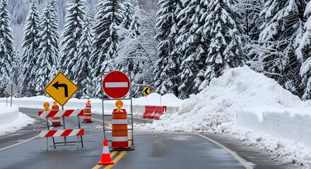 Snowy Road Work Zone Blocking Left Lane with Traffic Signs and Barriers