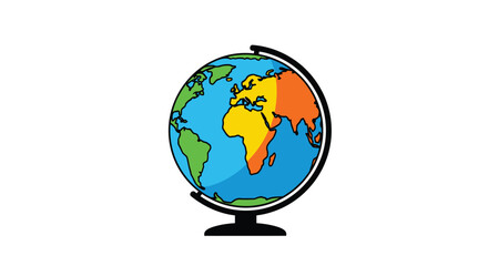 Colorful cartoon globe illustration with continents and a stand