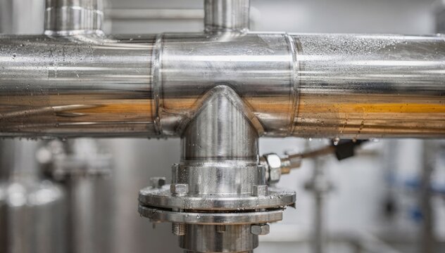 Closeup view of stainlesssteel process piping with polished finish handling corrosive dye solutions efficiently in a controlled manufacturing environment.