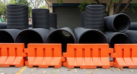 Stacked black plastic pipes with bright orange plastic barriers on paved ground