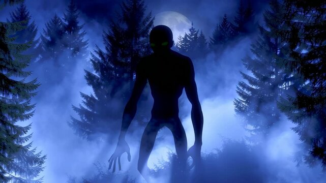 A shadowy figure with elongated arms standing in a foggy forest illuminated by moonlight, creating a mysterious atmosphere
