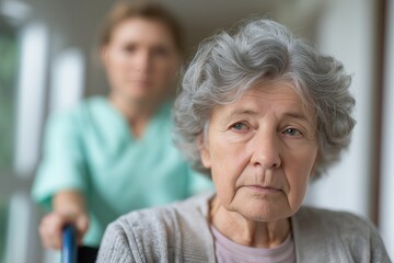 Serious Senior Woman in a Wheelchair Being Pushed by a Female Nurse