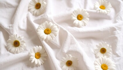 Obraz premium Seamless Daisy Pattern on White Linen Fabric Background for Textile Design
