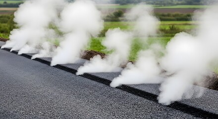 Steam Emitters Along Roadside Vegetation Edge with Rural Fields in Background