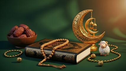 Islamic symbols with quran and prayer beads on green background with copy space, for Ramadan and Eid Ul Fitr 2026 Campaign